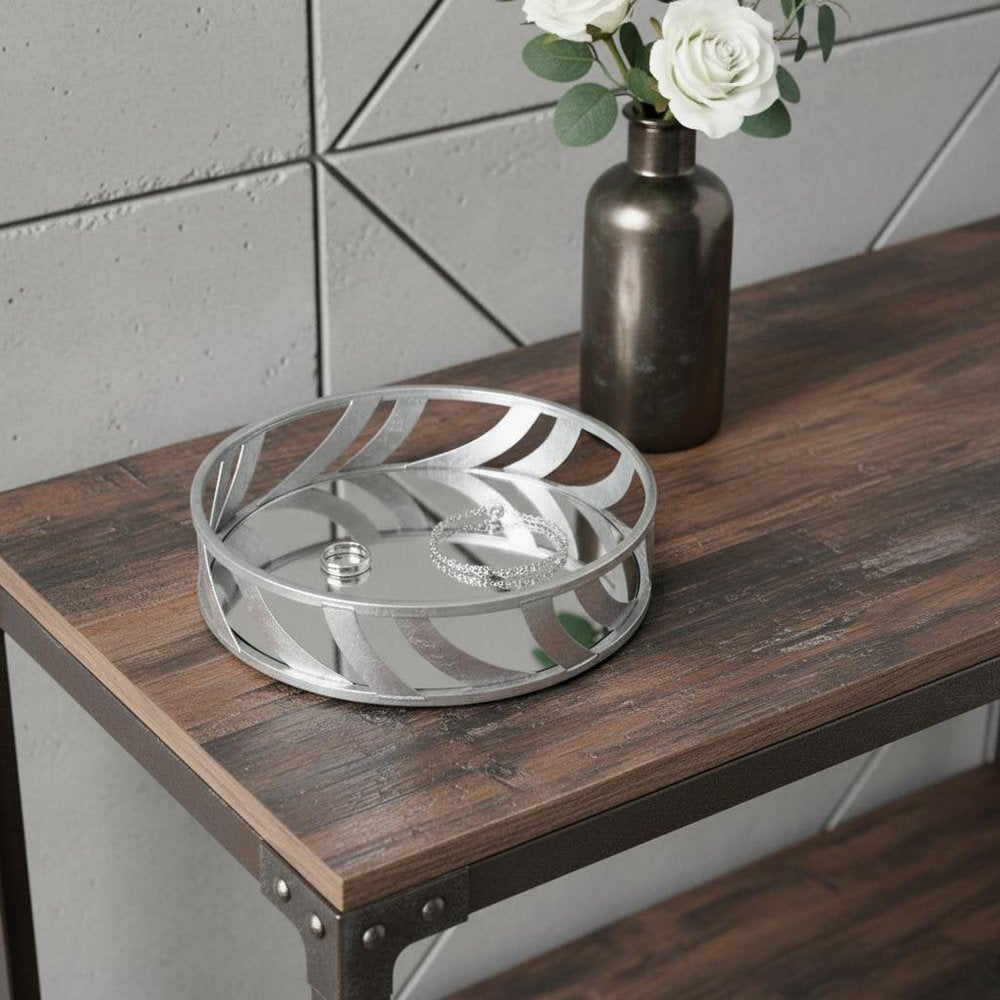 14" Silver Round Metal Geometric Vanity Tray