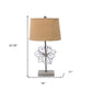 28" Distressed Gray Metal Novelty Bedside Lamp With Khaki Drum Shade