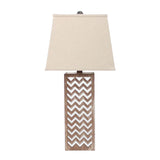 28" Distressed Natural And Silver Metal Bedside Lamp With Beige Cone Shade