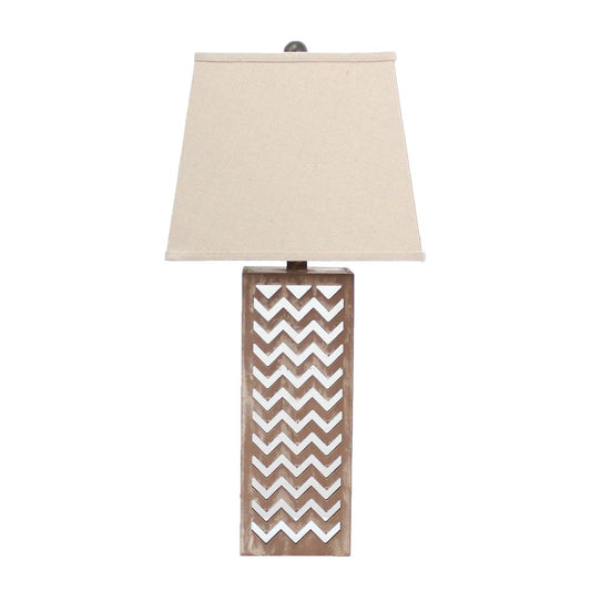 28" Distressed Natural And Silver Metal Bedside Lamp With Beige Cone Shade