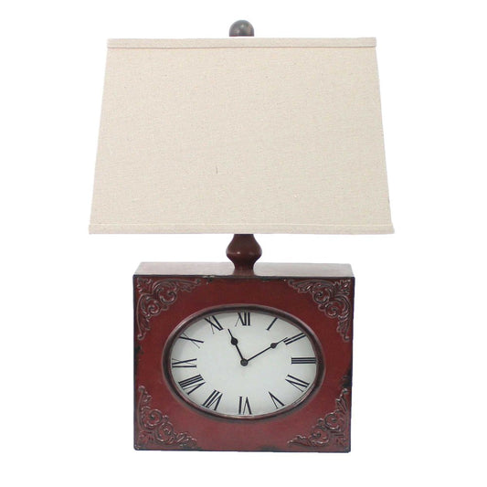 22" Distressed Red Metal Bedside Lamp With Beige Shade