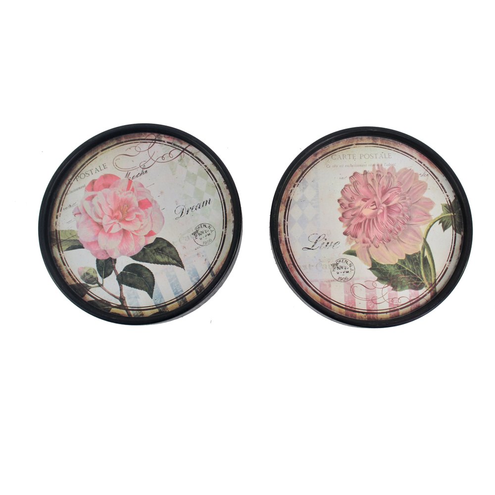 Set of Two Black And Pink Floral Metal Round Trays Hanging Wall Decor