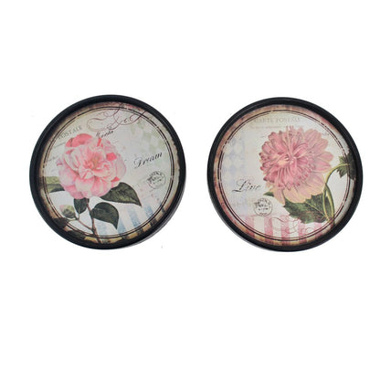 Set of Two Black And Pink Floral Metal Round Trays Hanging Wall Decor