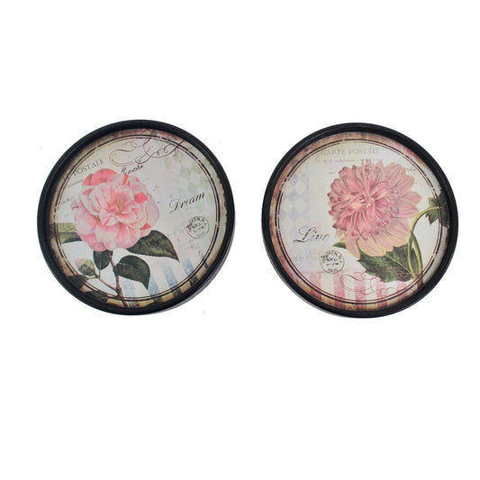 Set of Two Black And Pink Floral Metal Round Trays Hanging Wall Decor