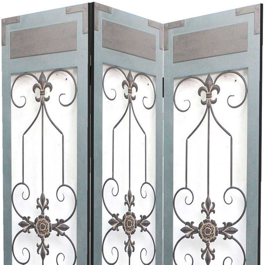 72" Blue Metal Folding Three Panel Screen Room Divider