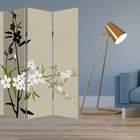 72" Beige Canvas Folding Three Panel Screen Room Divider