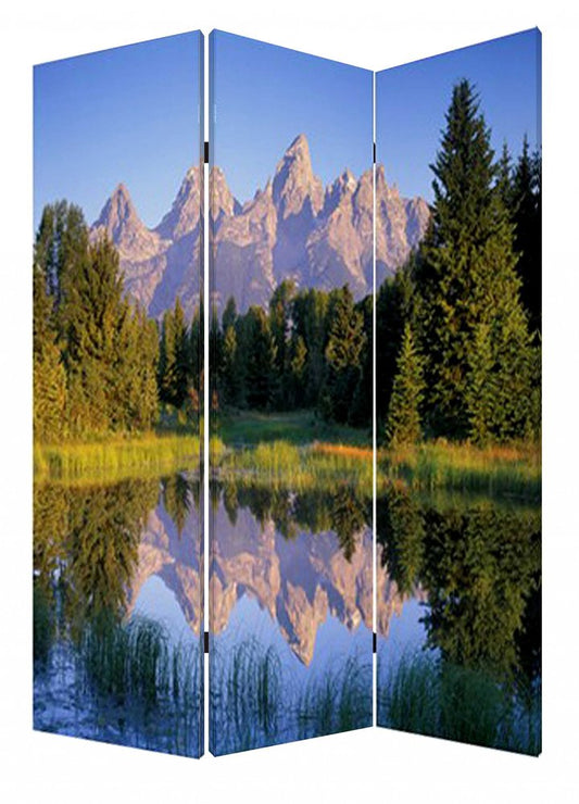 72" Blue And Green Canvas Folding Three Panel Screen Room Divider