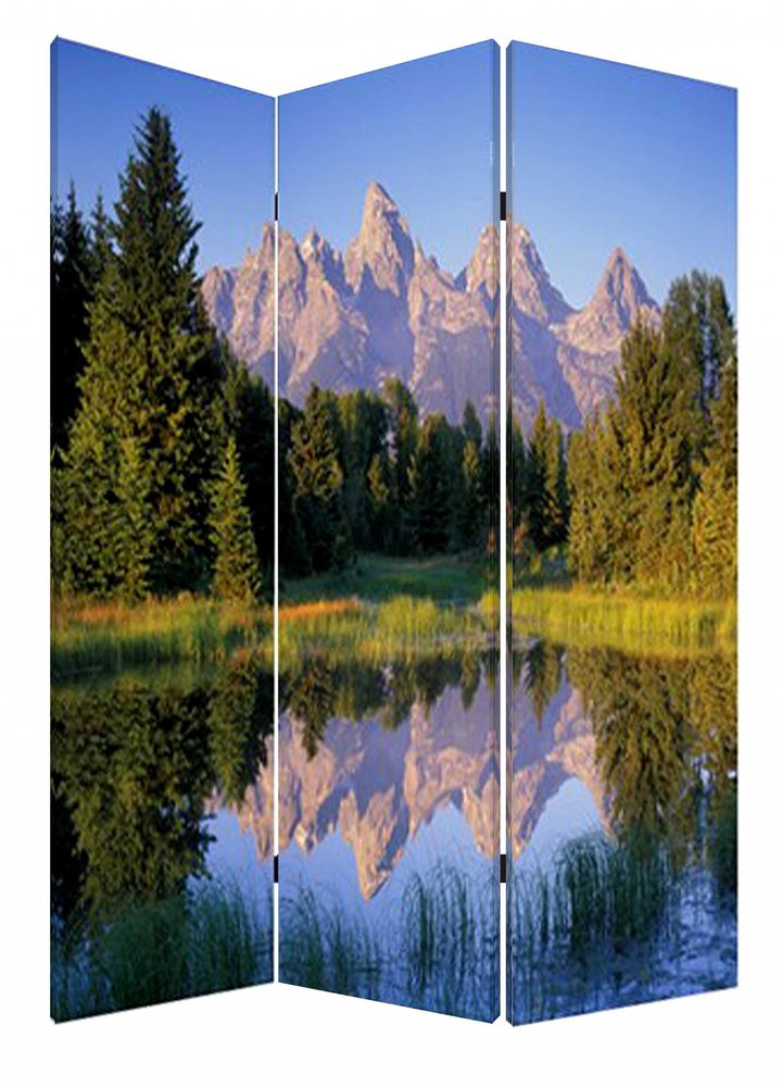 72" Blue And Green Canvas Folding Three Panel Screen Room Divider