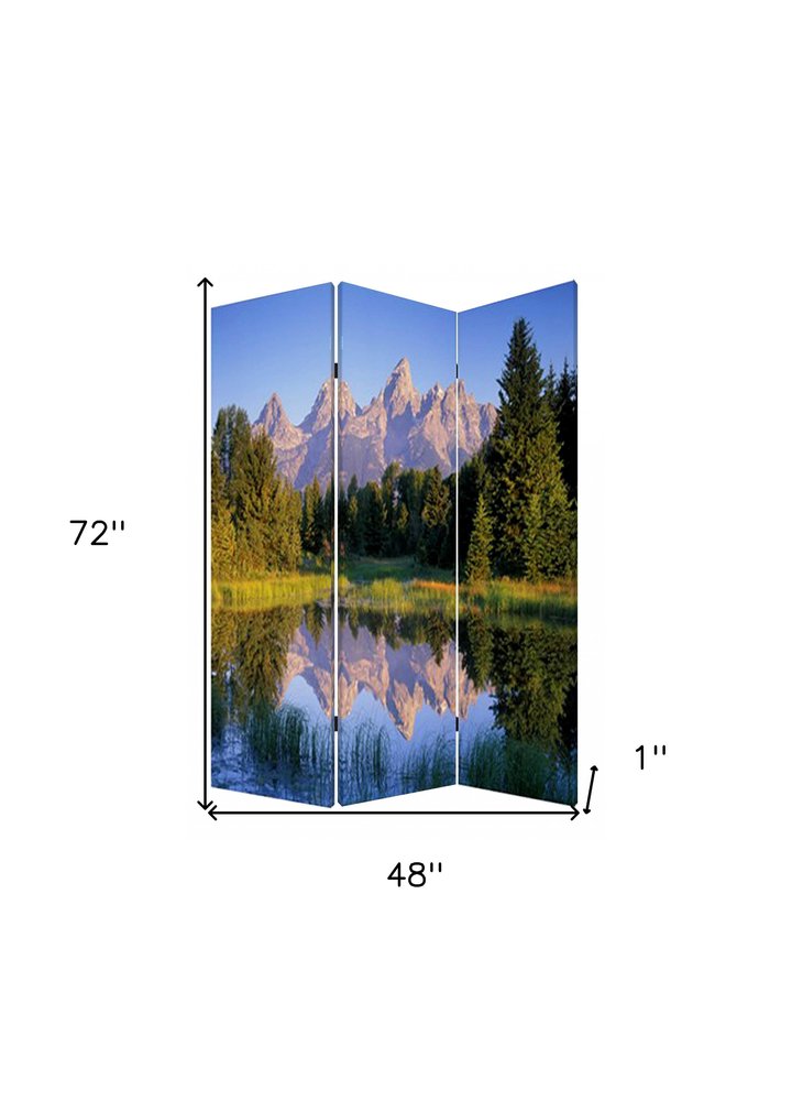72" Blue And Green Canvas Folding Three Panel Screen Room Divider