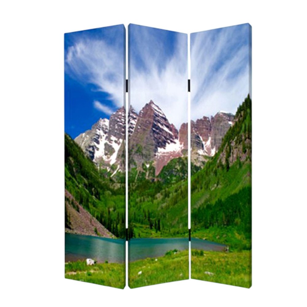 72" Blue And Green Canvas Folding Three Panel Screen Room Divider