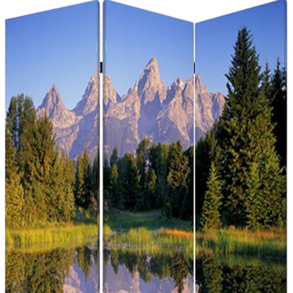 72" Blue And Green Canvas Folding Three Panel Screen Room Divider