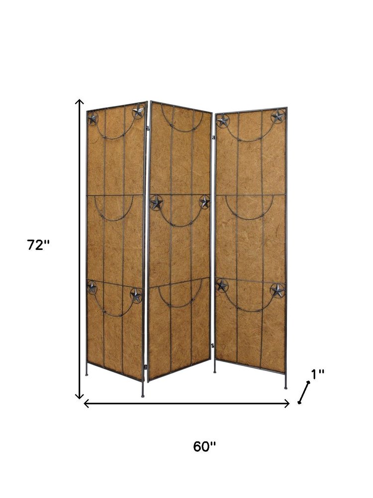 72" Brown Iron Folding Three Panel Screen Room Divider