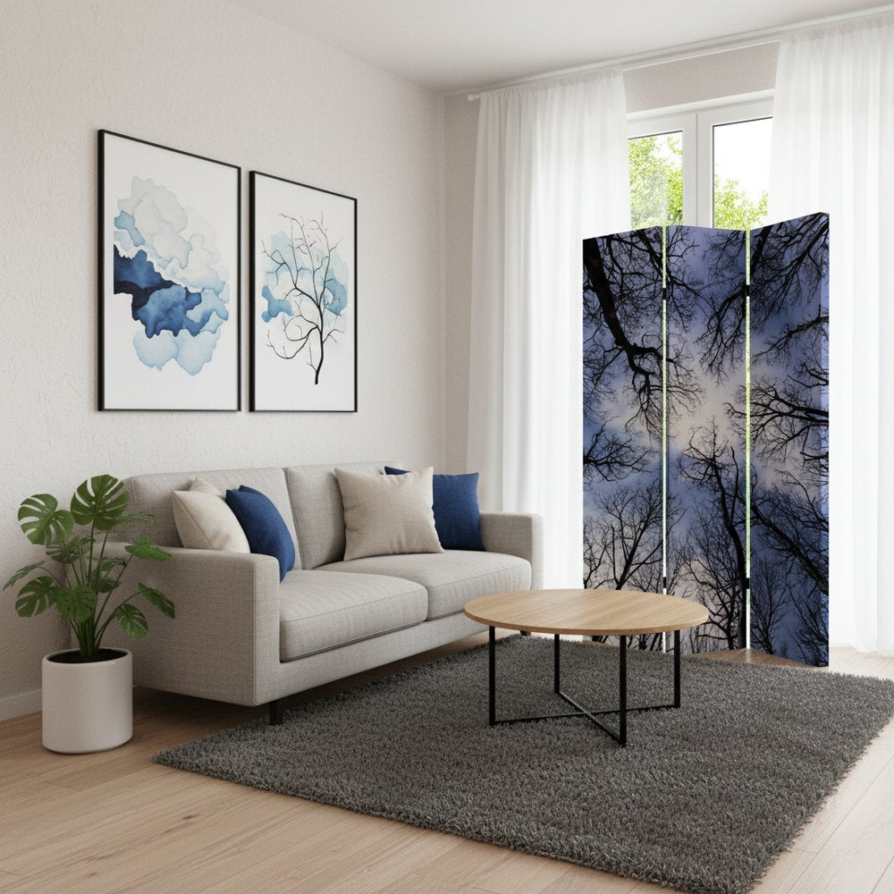 72" Black And Blue Canvas Folding Three Panel Screen Room Divider