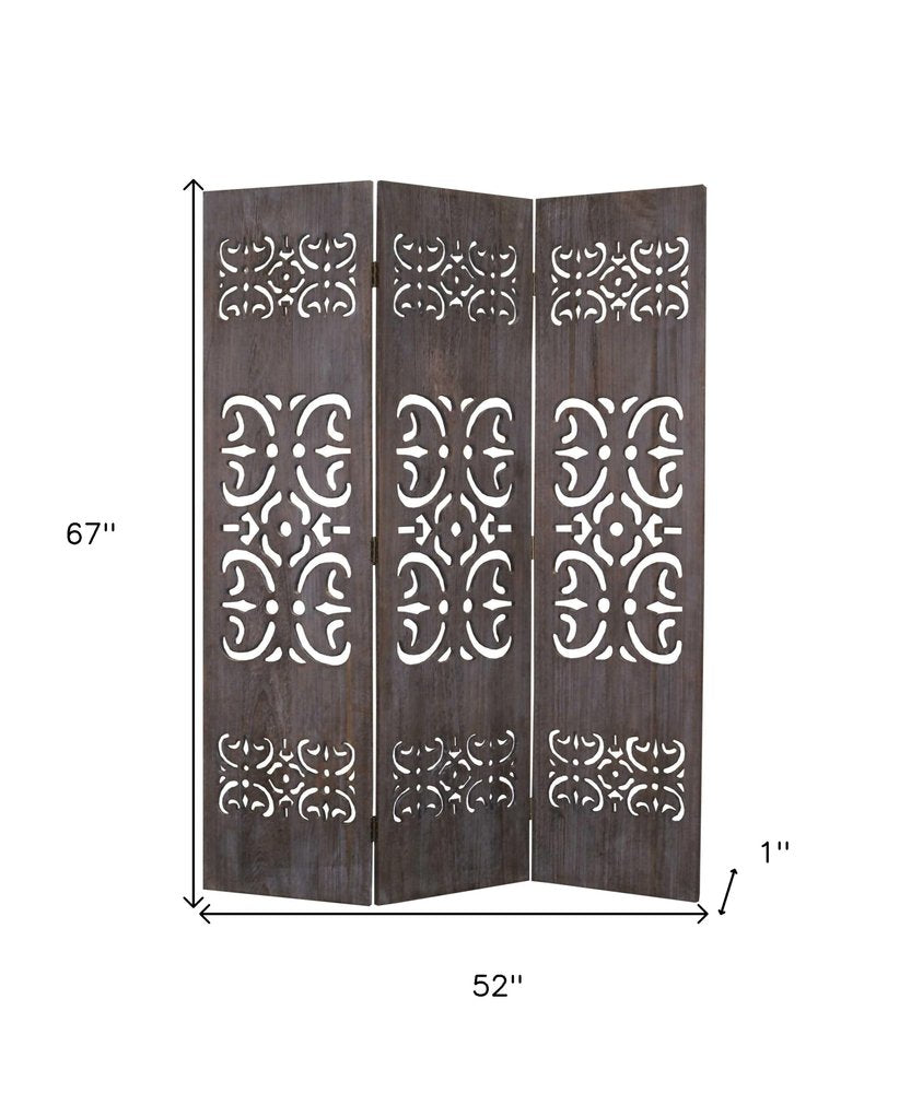 67" Brown Wood Folding Three Panel Screen Room Divider