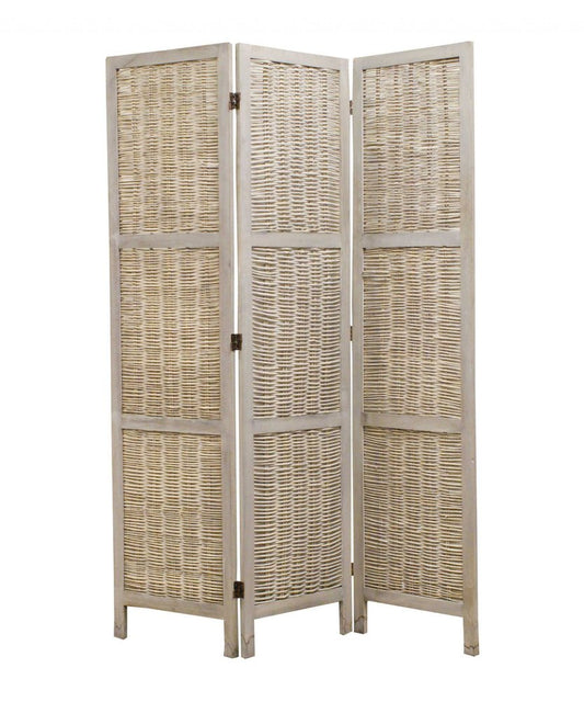 67" Beige Wood Folding Three Panel Screen Room Divider