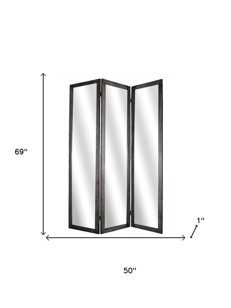 69" Black Wood and Mirrored Glass Folding Three Panel Screen Room Divider