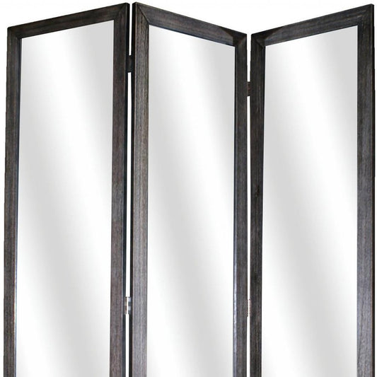 69" Black Wood and Mirrored Glass Folding Three Panel Screen Room Divider