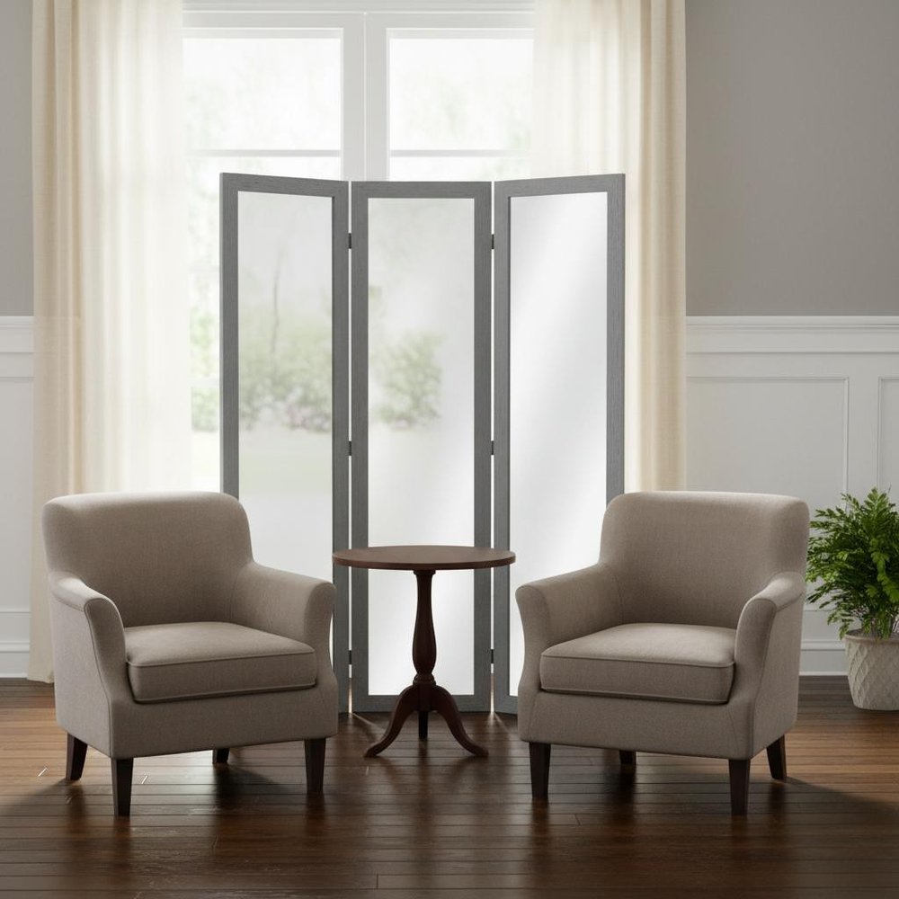 69" Black Wood and Mirrored Glass Folding Three Panel Screen Room Divider