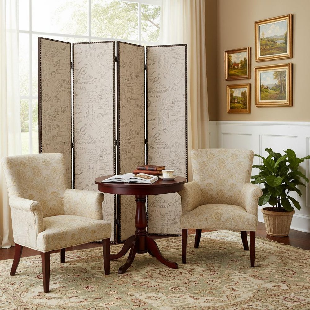 84" Beige Fabric Folding Four Panel Screen Room Divider