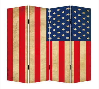 84" Red Natural And Blue American Flag Reversible Canvas Folding Four Panel Room Divider