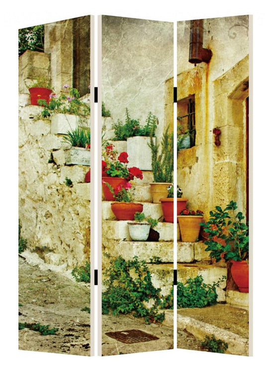 72" Beige Canvas Folding Three Panel Screen Room Divider