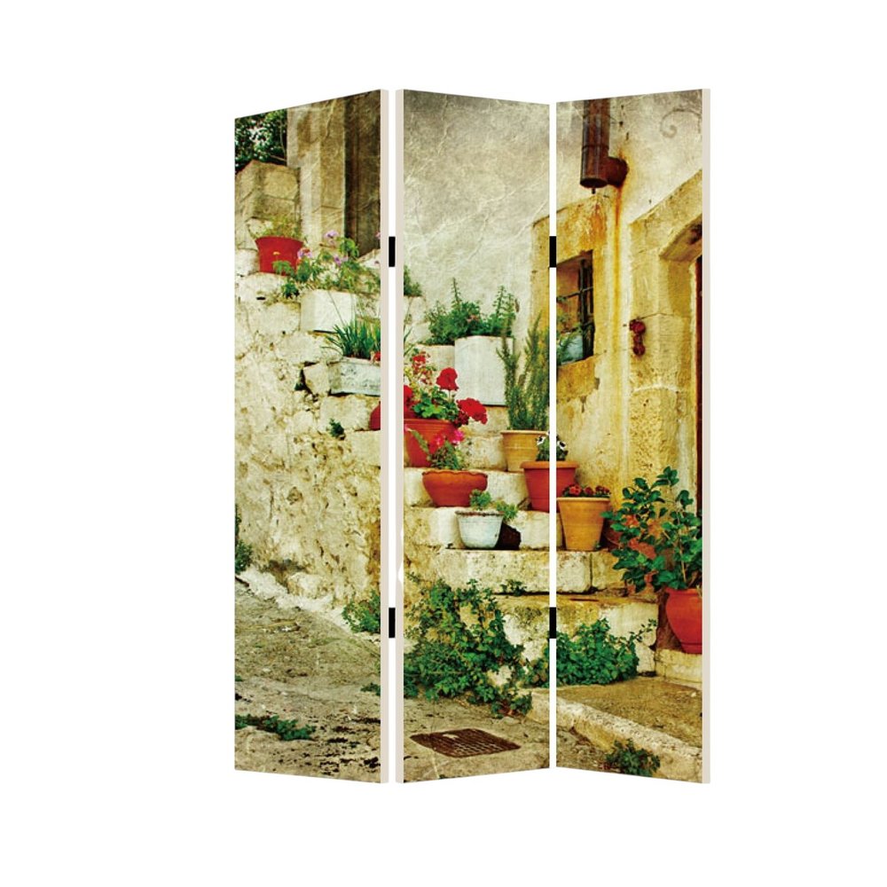 72" Beige Canvas Folding Three Panel Screen Room Divider