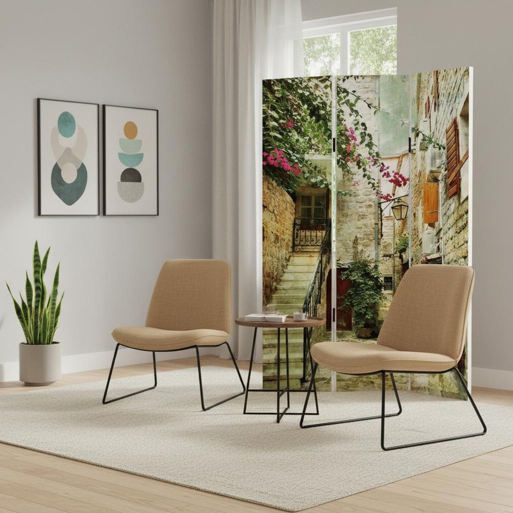 72" Beige Canvas Folding Three Panel Screen Room Divider