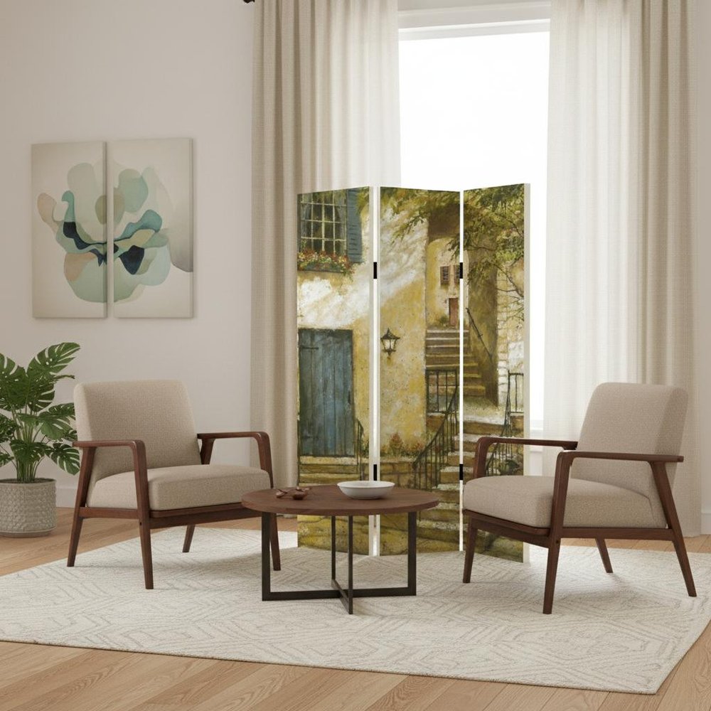 72" Beige Canvas Folding Three Panel Screen Room Divider