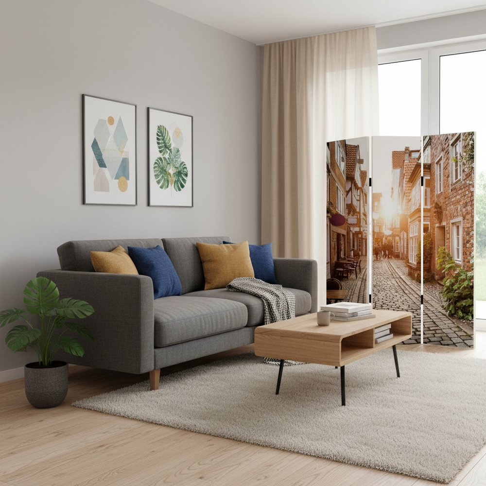 72" Beige Canvas Folding Three Panel Screen Room Divider