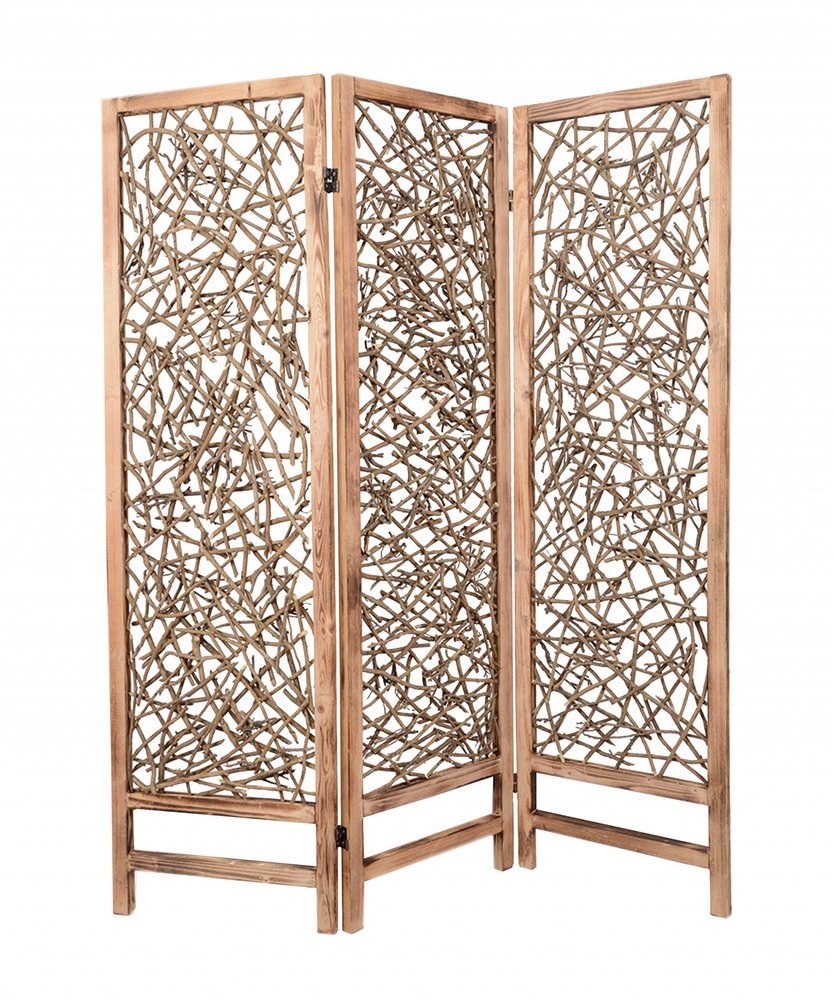 69" Brown Wood Folding Three Panel Screen Room Divider