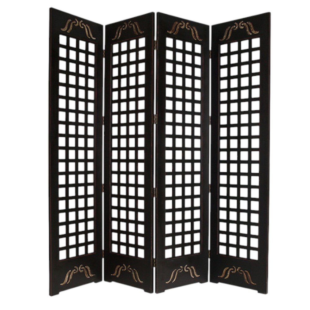 84" Brown Wood Folding Four Panel Screen Room Divider