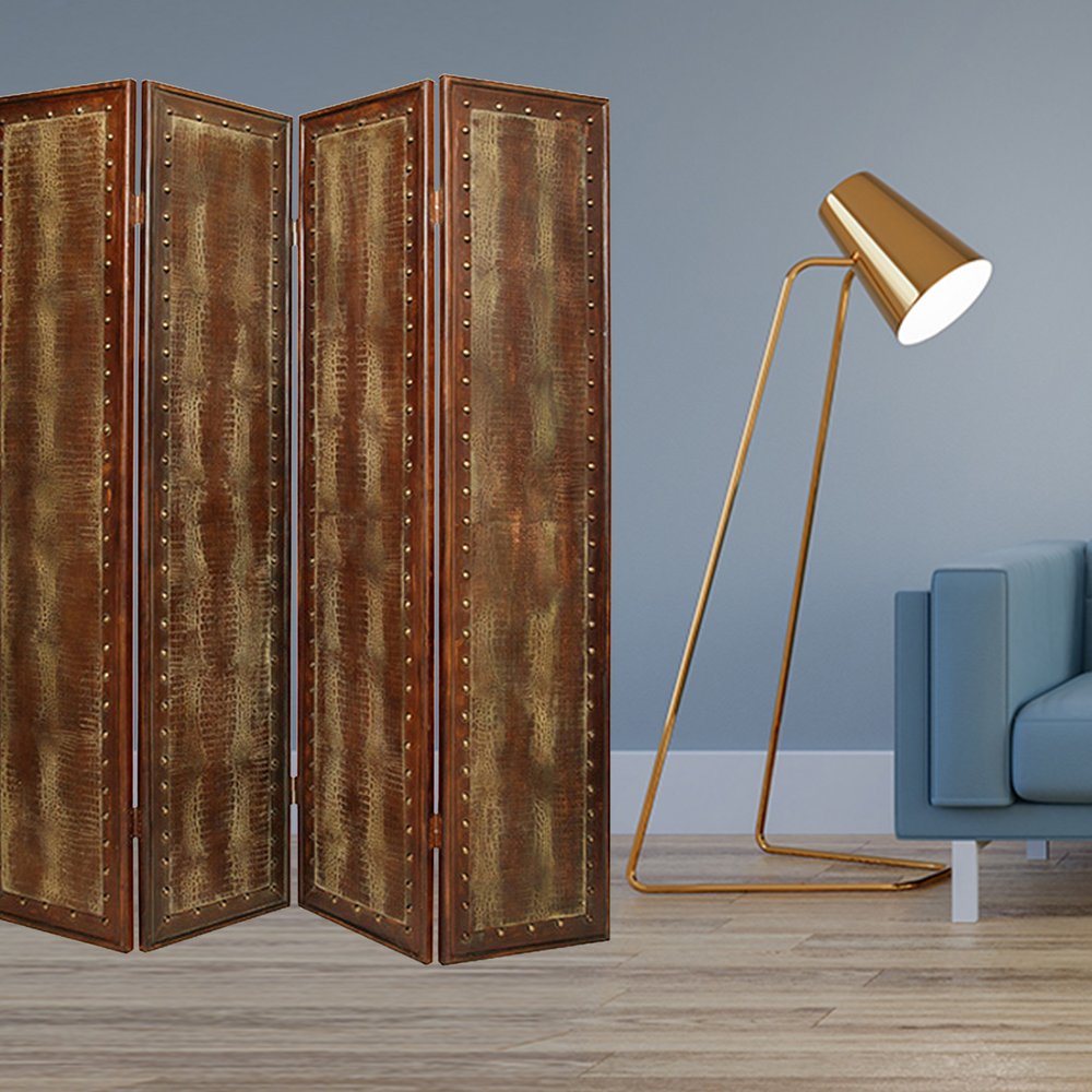 84" Brown Faux Leather Folding Four Panel Screen Room Divider