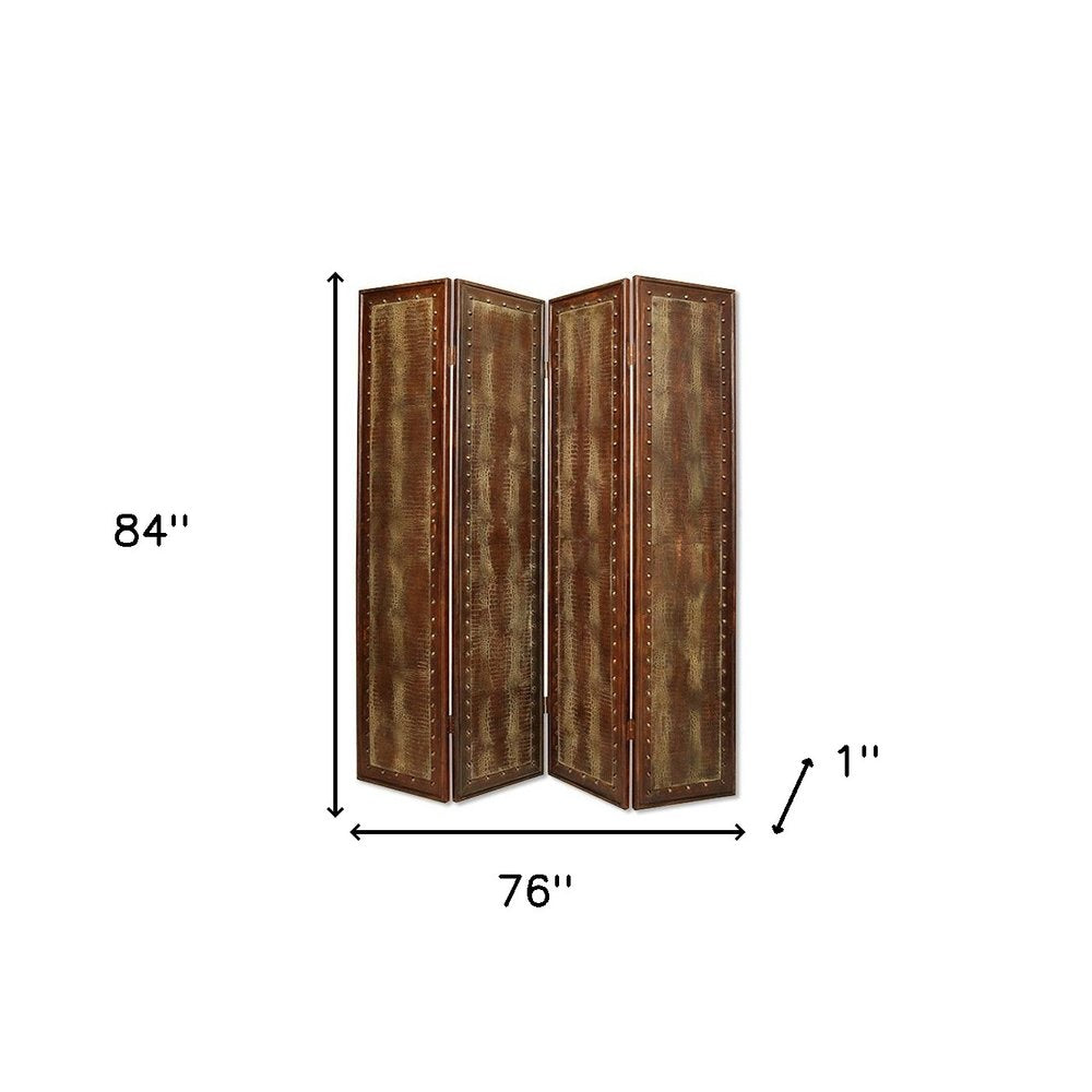 84" Brown Faux Leather Folding Four Panel Screen Room Divider