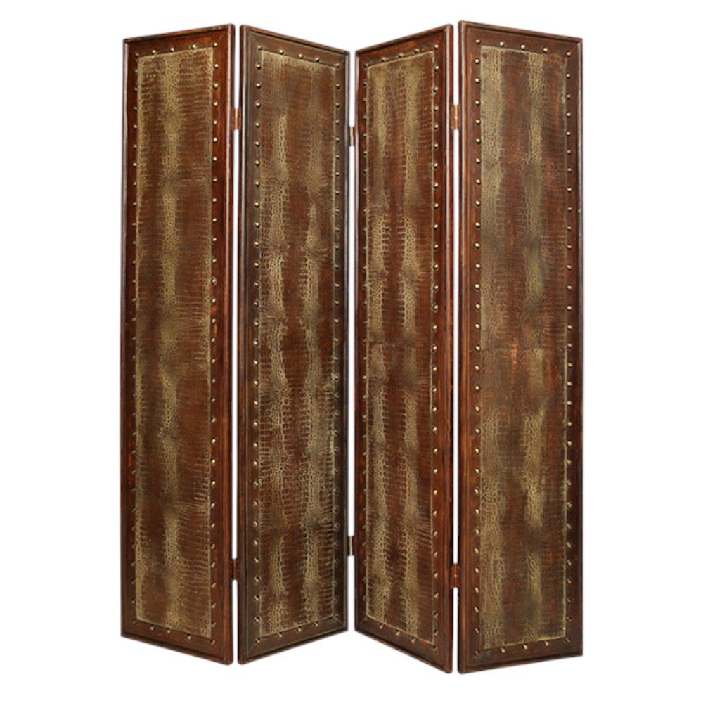 84" Brown Faux Leather Folding Four Panel Screen Room Divider