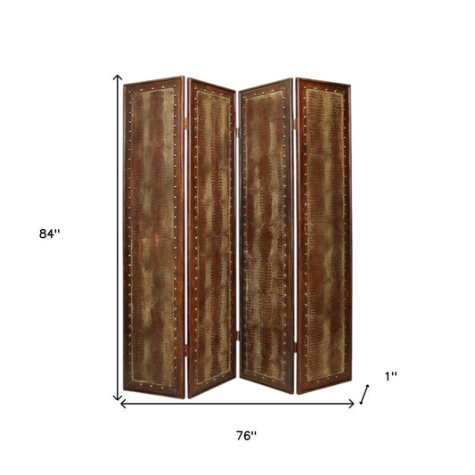 84" Brown Faux Leather Folding Four Panel Screen Room Divider