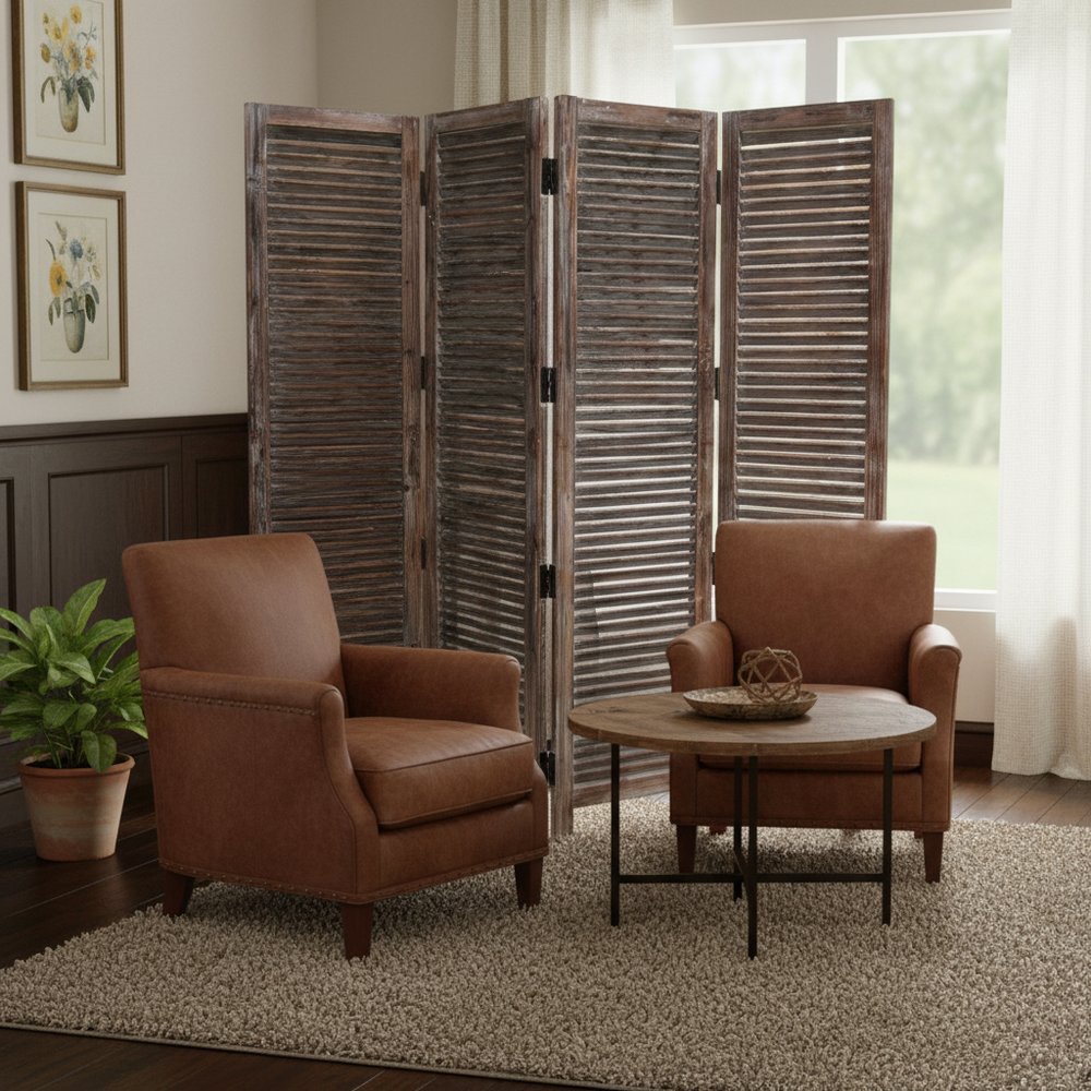 84" Brown Wood Folding Four Panel Screen Room Divider