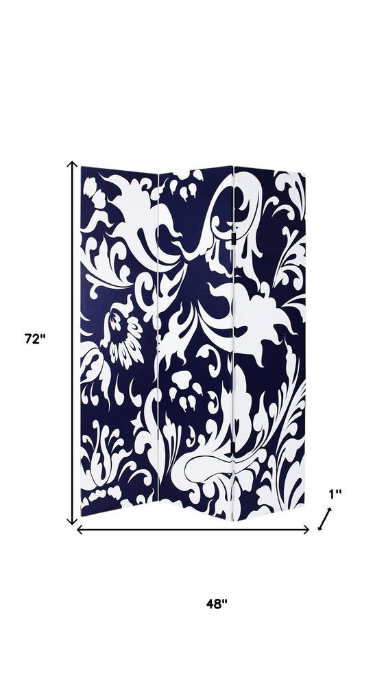 72" Black And White Canvas Folding Three Panel Screen Room Divider