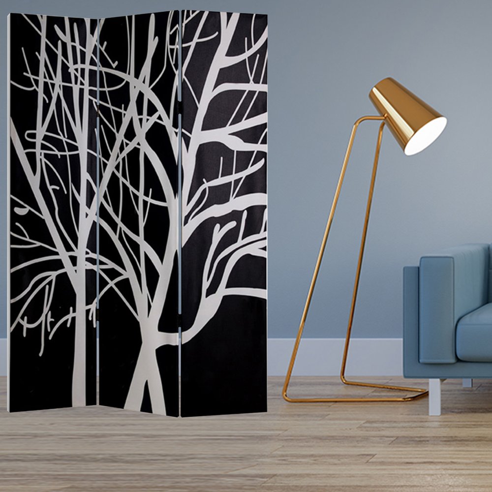 72" Black And White Canvas Folding Three Panel Screen Room Divider