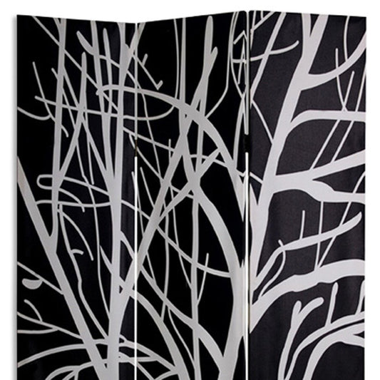 72" Black And White Canvas Folding Three Panel Screen Room Divider