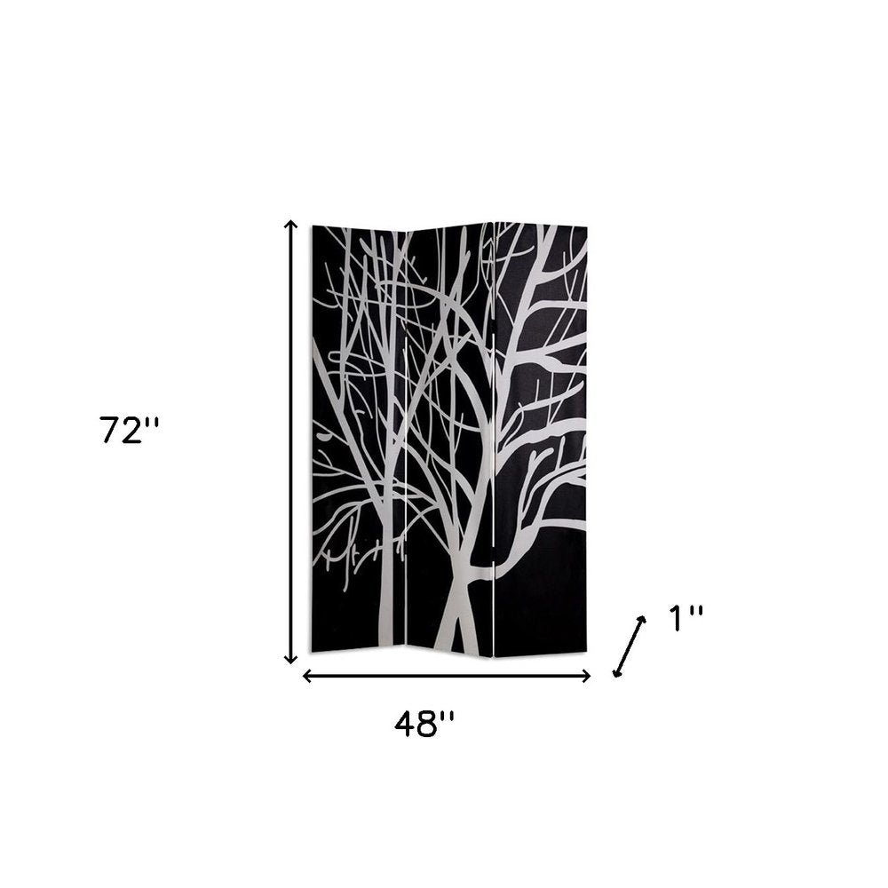 72" Black And White Canvas Folding Three Panel Screen Room Divider