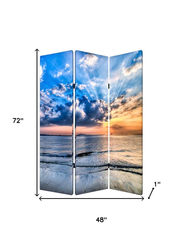 72" Blue Canvas Folding Three Panel Screen Room Divider