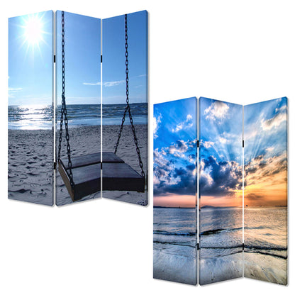 72" Blue Canvas Folding Three Panel Screen Room Divider