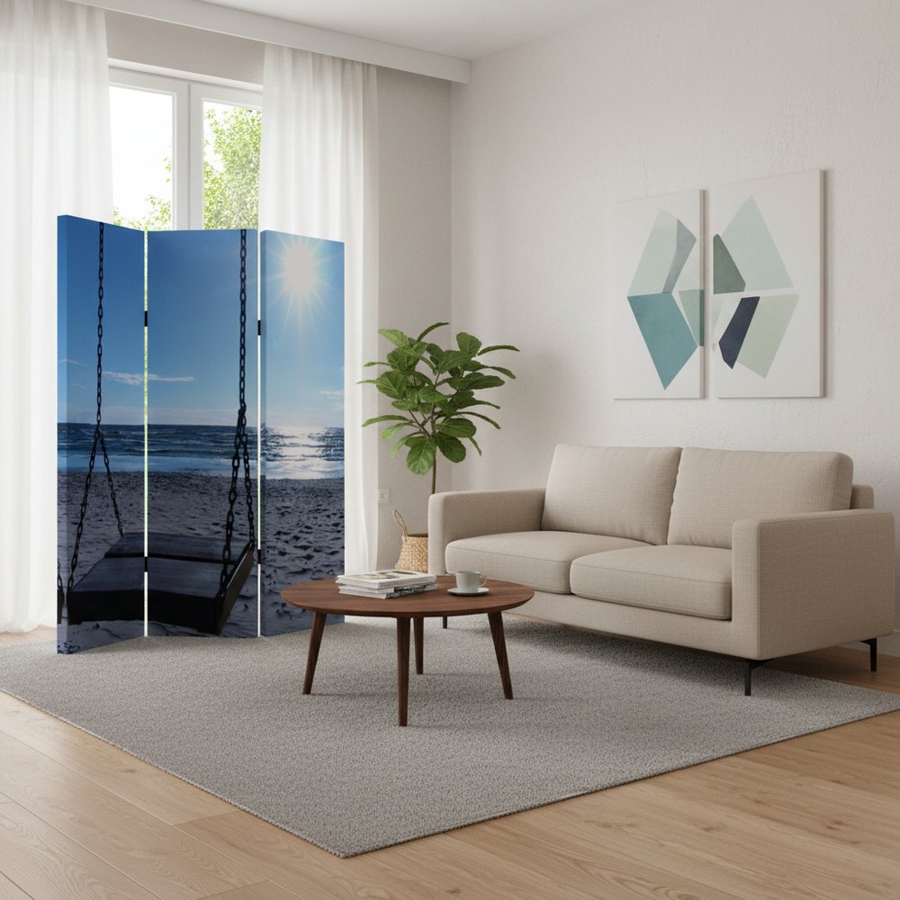 72" Blue Canvas Folding Three Panel Screen Room Divider