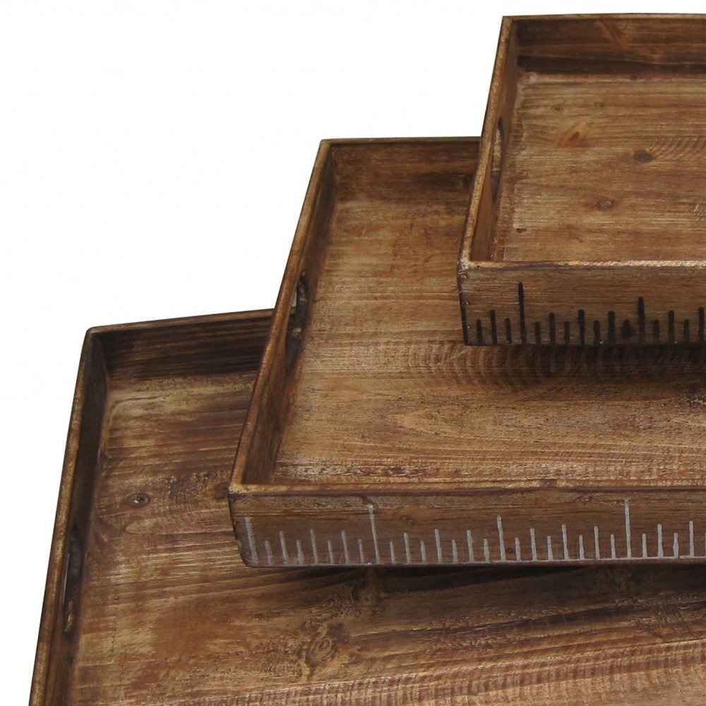 Set of Three Brown Wood Nesting Serving Trays