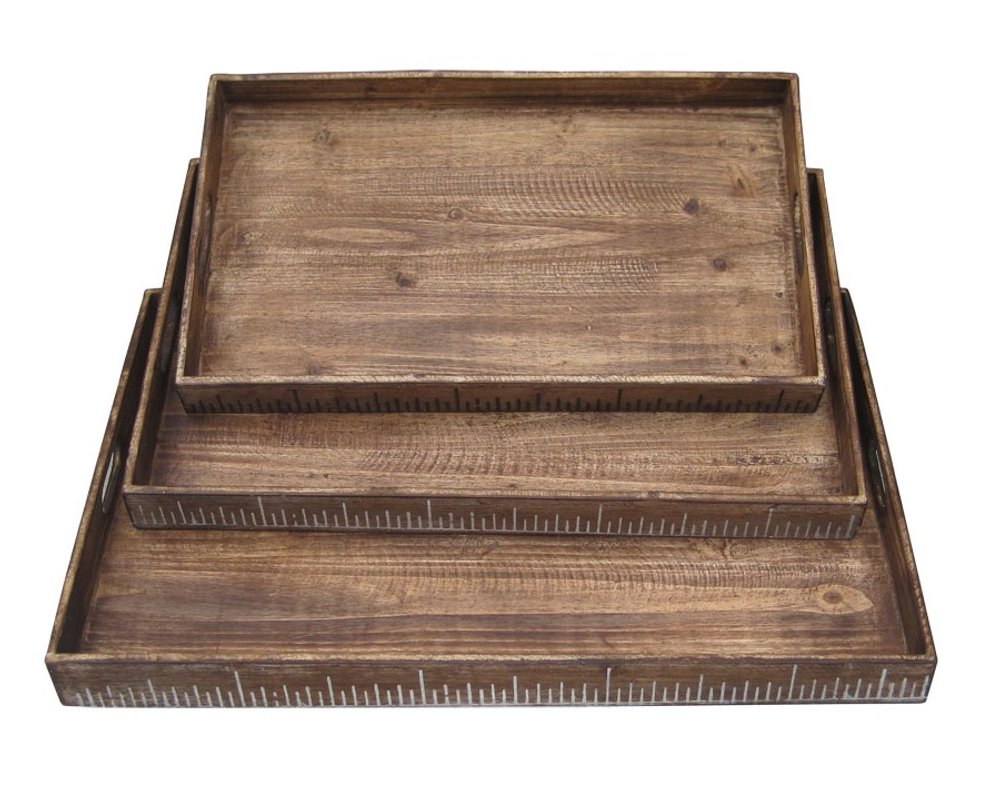 Set of Three Brown Wood Nesting Serving Trays