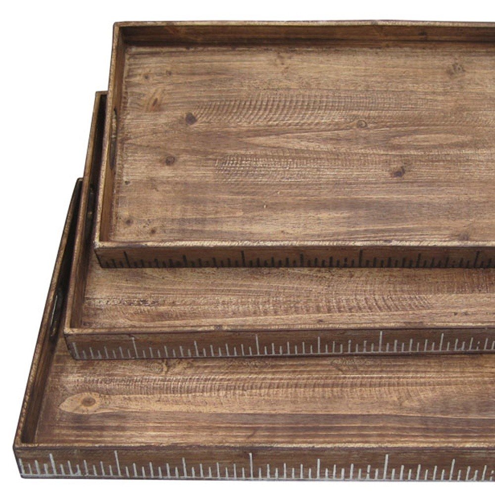 Set of Three Brown Wood Nesting Serving Trays