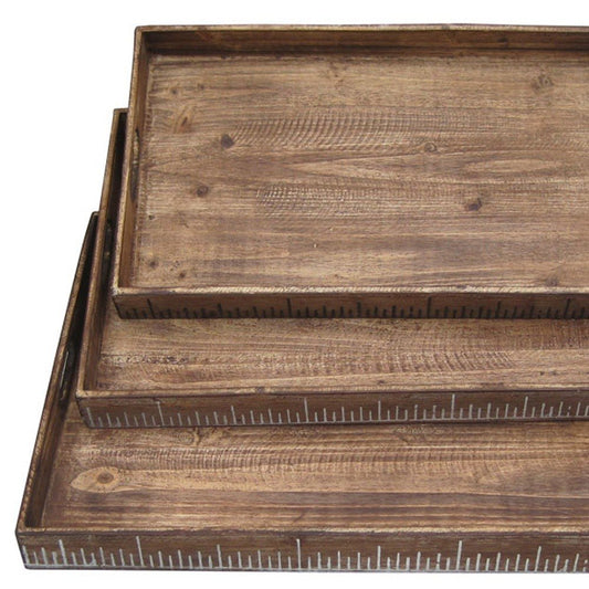 Set of Three Brown Wood Nesting Serving Trays
