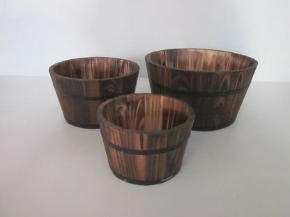 Set of Three Brown Solid Wood Round Pot Planter
