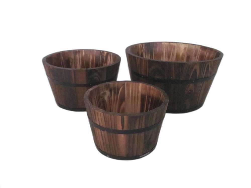 Set of Three Brown Solid Wood Round Pot Planter