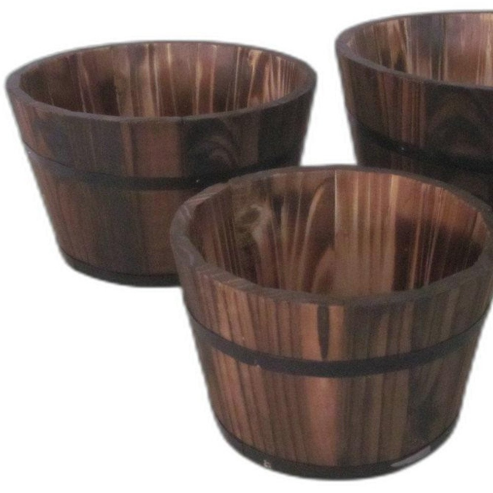 Set of Three Brown Solid Wood Round Pot Planter